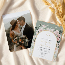 Dusty Ro Guld Arch Sage Monogram Photo Bröllop Inbjudningar
