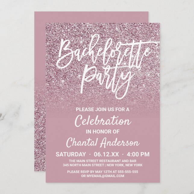 Dusty Ro Guld Rosa Glitter Ombre Bachelorette Inbjudningar (Fram/baksida)