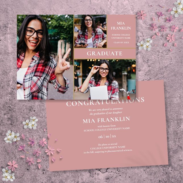 Dusty Ro Guld Student 3 Photo Studenten Meddelande (Dusty Rose Gold Graduate 3 Photo Graduation Announcement)