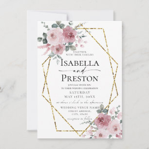 Dusty Ro Guld Watercolor  Blommigt Bröllop Inbjudningar
