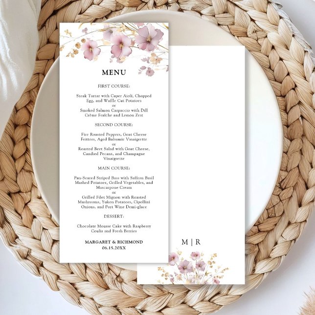 Dusty Ro & Guld Wildblomma Blommigt Bröllop Menu Meny (Skapare uppladdad)