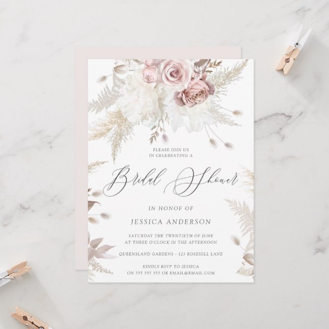 Dusty Ro & Ivory Blommigt Large Möhippa Invi Inbjudningar (Fram/Back In Situ)