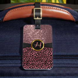Dusty Ro Leopard Skin och Glitter - Monogram Bagagebricka