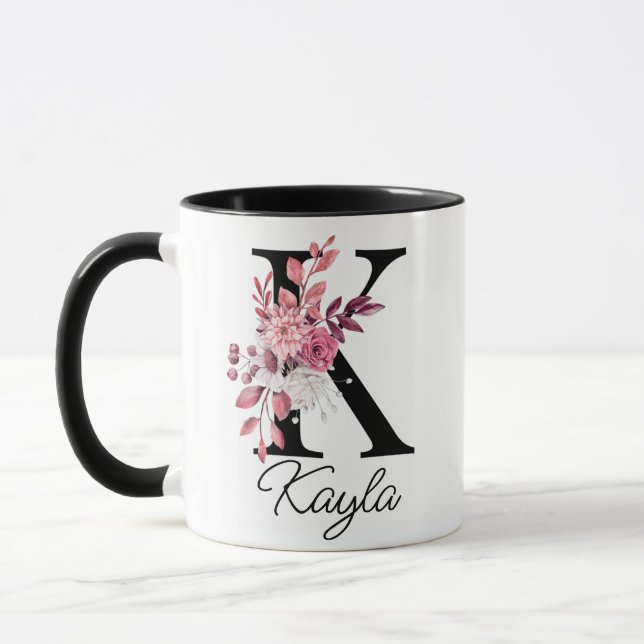 Dusty Ro Mauve Blommigt Brev K Monogram Initial Mugg (Vänster)