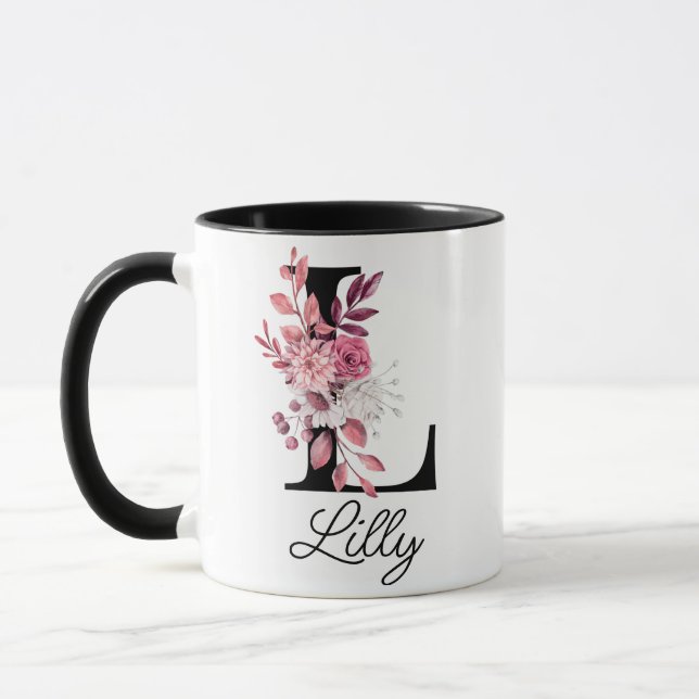 Dusty Ro Mauve Blommigt Brev L Monogram Initial Mugg (Vänster)