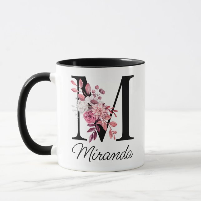 Dusty Ro Mauve Blommigt Brev M Monogram Initial Mugg (Vänster)