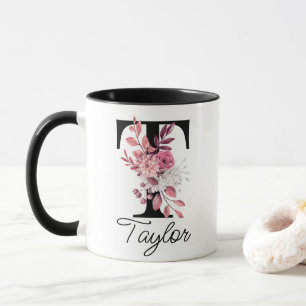 Dusty Ro Mauve Blommigt Brev T Monogram Initial Mugg