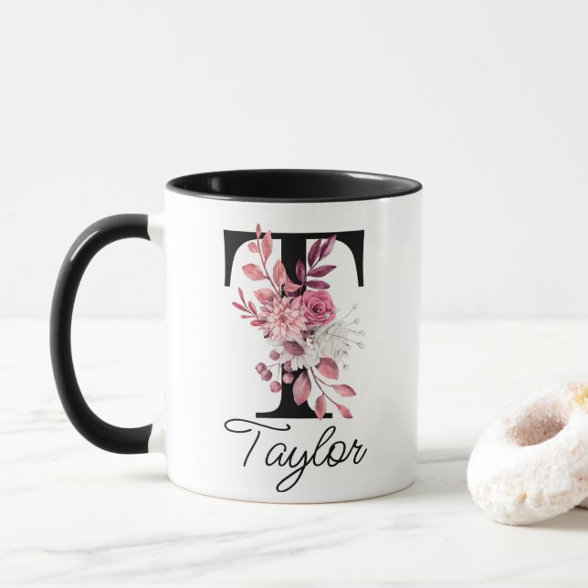 Dusty Ro Mauve Blommigt Brev T Monogram Initial Mugg (Med munk)