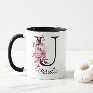 Dusty Ro Mauve Blommigt Brev U Monogram Initial Mugg