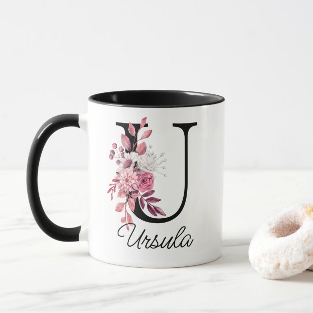 Dusty Ro Mauve Blommigt Brev U Monogram Initial Mugg (Med munk)