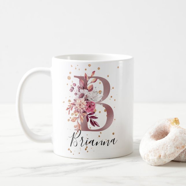 Dusty Ro Mauve Rosa Blommigt Monogram Brev B Kaffemugg (Med munk)