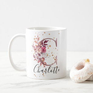 Dusty Ro Mauve Rosa Blommigt Monogram Brev C Kaffemugg