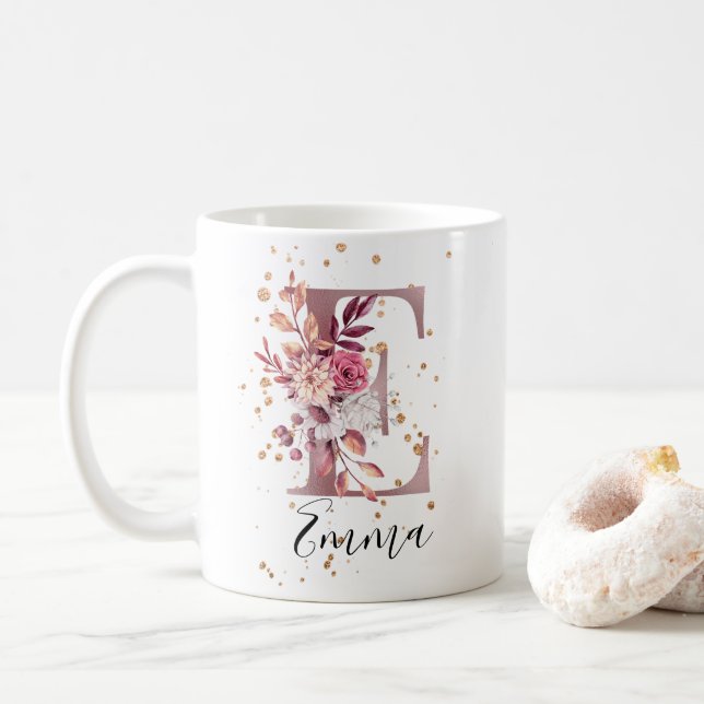 Dusty Ro Mauve Rosa Blommigt Monogram Brev E Kaffemugg (Med munk)