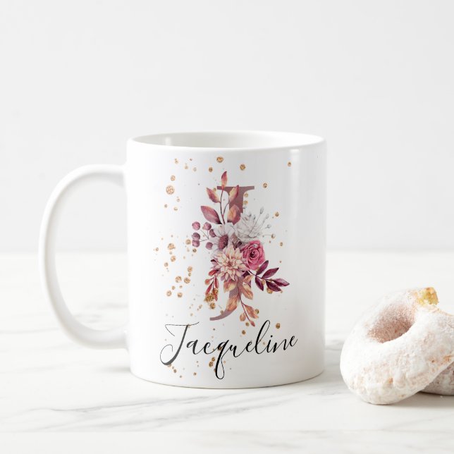 Dusty Ro Mauve Rosa Blommigt Monogram Brev J Kaffemugg (Med munk)