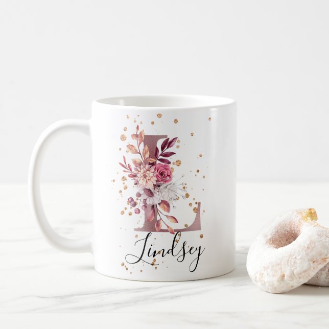 Dusty Ro Mauve Rosa Blommigt Monogram Brev L Kaffemugg (Med munk)