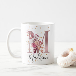 Dusty Ro Mauve Rosa Blommigt Monogram Brev M Kaffemugg