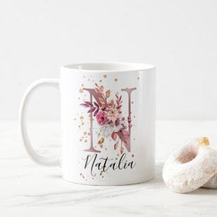 Dusty Ro Mauve Rosa Blommigt Monogram Brev N Kaffemugg