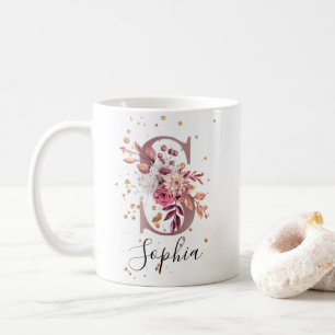 Dusty Ro Mauve Rosa Blommigt Monogram Brev S Kaffemugg