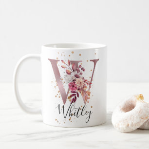 Dusty Ro Mauve Rosa Blommigt Monogram Brev W Kaffemugg