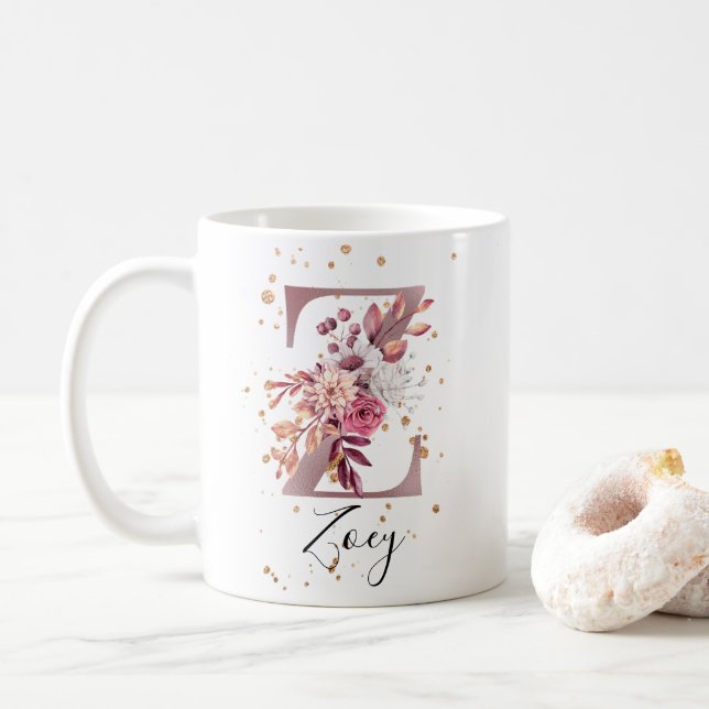 Dusty Ro Mauve Rosa Blommigt Monogram Brev Z Kaffemugg (Med munk)