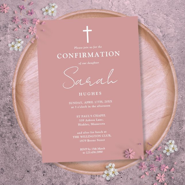 Dusty Ro Modern Minimalist Bekräftelse Inbjudningar (Dusty Rose Modern Minimalist Confirmation Invitation)