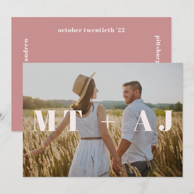 Dusty Ro Monogram Overlay Photo Save Date (Fram/baksida)