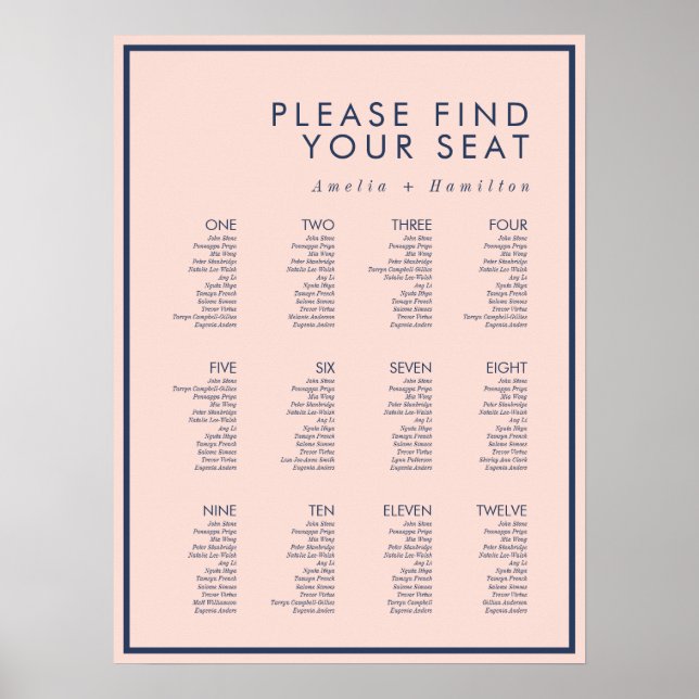 Dusty Ro & Navy Modern Minimal Seatal Bröllop Poster (Framsidan)