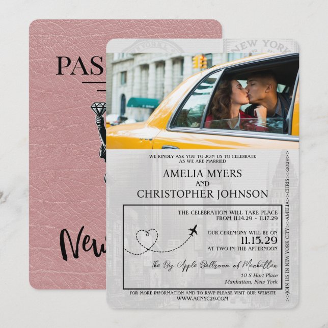 Dusty Ro New York City Passport Bröllop Inbjudningar (Fram/baksida)
