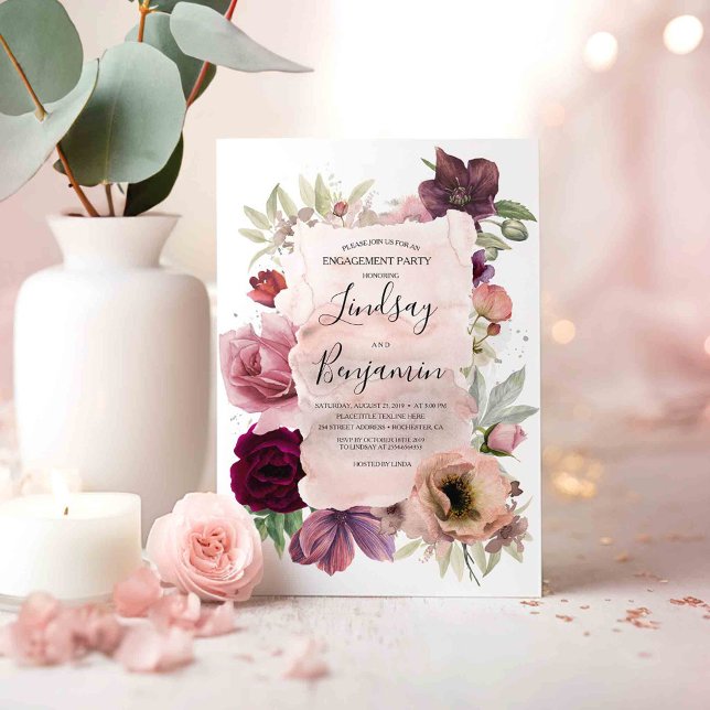 Dusty Ro och Burgundy Blommigt Förlovningsfest Inbjudningar (Boho Blooms Burgundy Red and Pink Floral Engagement Party Invitations)