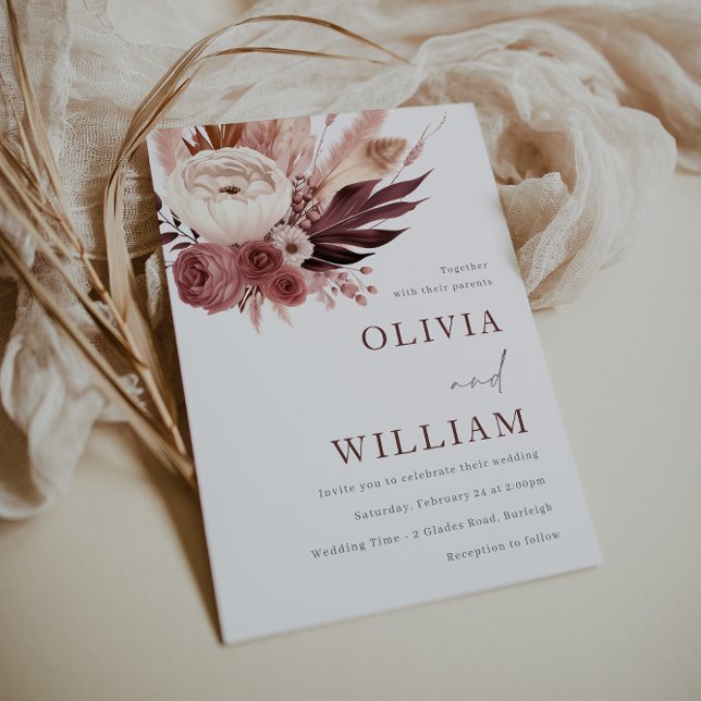 Dusty Ro och Burgundy Boho Elegance Bröllop Inbjudningar (Skapare uppladdad)