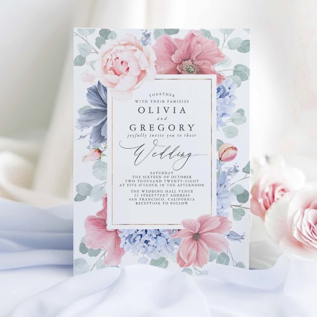 Dusty Ro och Dusty Blåa blommor Elegant bröllop Inbjudningar (Dusty Blue and Dusty Pink Wedding Invitations)
