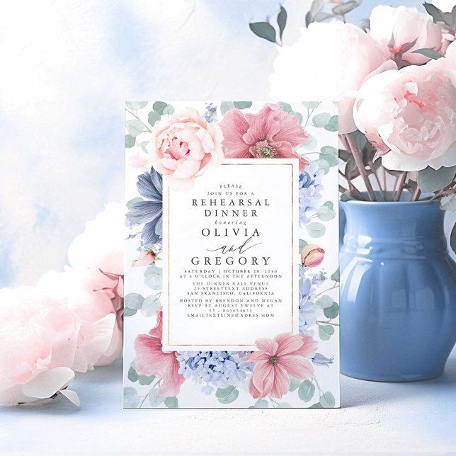 Dusty Ro och Dusty Blue Blommigt Rehearsal Middag Inbjudningar (Dusty Blue Floral Rehearsal Dinner Invitations)