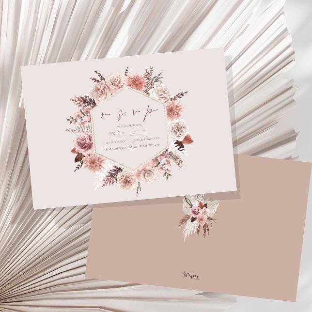 Dusty Ro Pampas Boho Bröllop OSA (Boho Dusty Pink Dried Flowers Wreath Wedding RSVP Card)