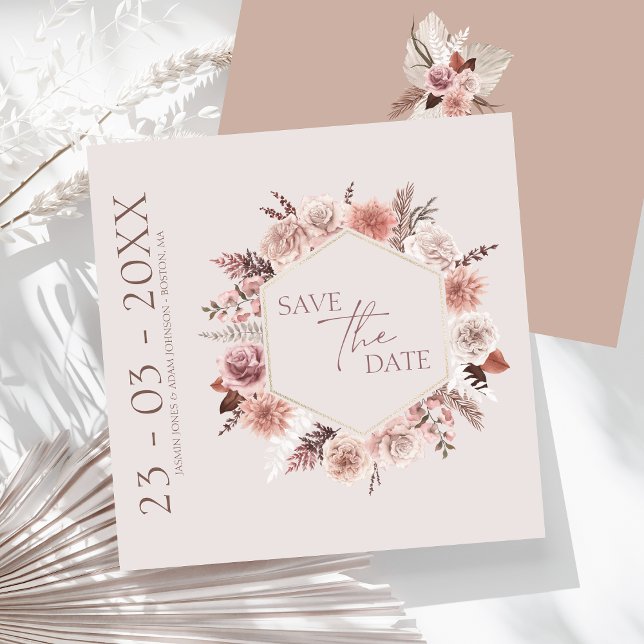 Dusty Ro Pampas Boho sparar datumet Spara Datumet (Boho Dusty Pink Dried Flowers Wreath Wedding Save The Date)