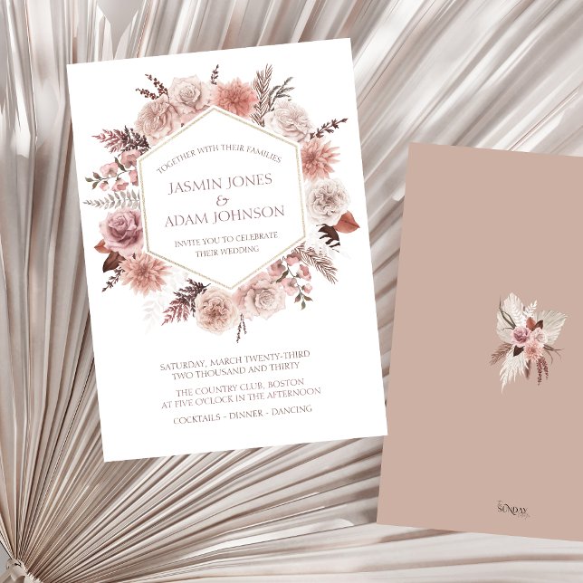 Dusty Ro Pampas Grass Boho Bröllop Inbjudningar (Boho Dusty Pink Dried Flowers Wreath Wedding Invitation)