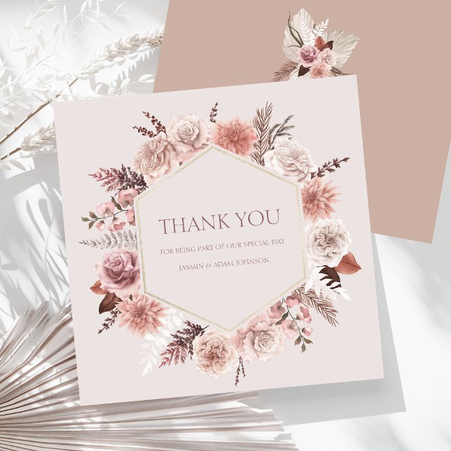 Dusty Ro Pampas Grass Flat Bröllop Tack (Boho Dusty Pink Dried Flowers Wreath Wedding Thank You Card)