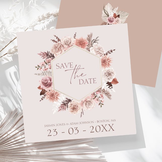 Dusty Ro Pampas Grass-utandning Spara datum Datumet (Boho Dusty Pink Dried Flowers Wreath Wedding Save The Date)