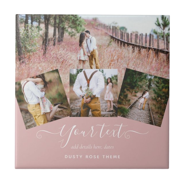 Dusty Ro PHOTO COLLAGE Personligt bröllp GIFT Kakelplatta (Framsidan)