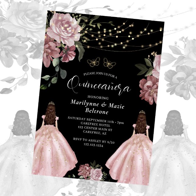 Dusty Ro Princess Blommigt Twillingars Quinceañera Inbjudningar (Skapare uppladdad)