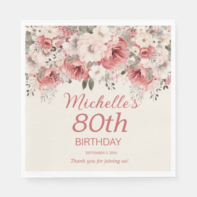 Dusty Ro Red Cream Watercolor Blommigt 80:e Pappersservett (Framsidan)