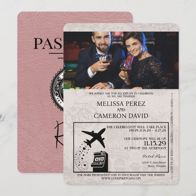 Dusty Ro Reno Passport Wedding bjudande Inbjudningar (Fram/baksida)