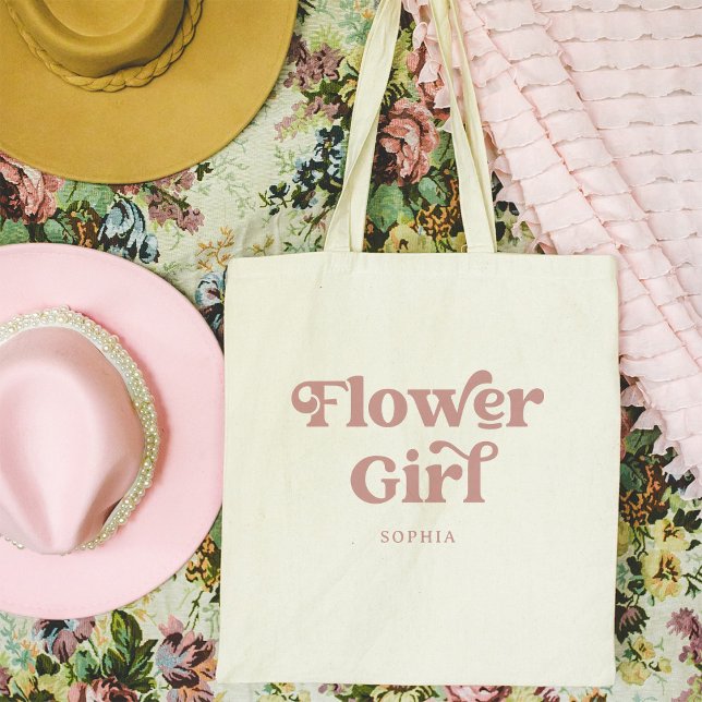Dusty Ro Retro Boho Typography | Flower Girl Tygkasse (A boho, retro tote for the flower girl with dusty rose typography)