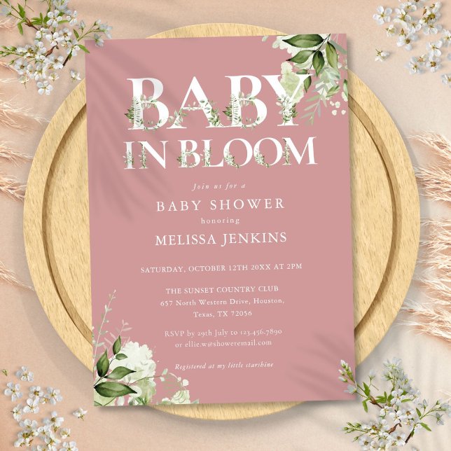 Dusty Ro Rosa Baby i Bloom Greenery Baby Shower Inbjudningar (Dusty Rose Pink Baby In Bloom Greenery Baby Shower Invitation)
