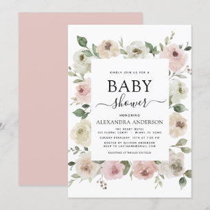 Dusty Ro Rosa Baby Shower Blommigt Greenery Inbjudningar