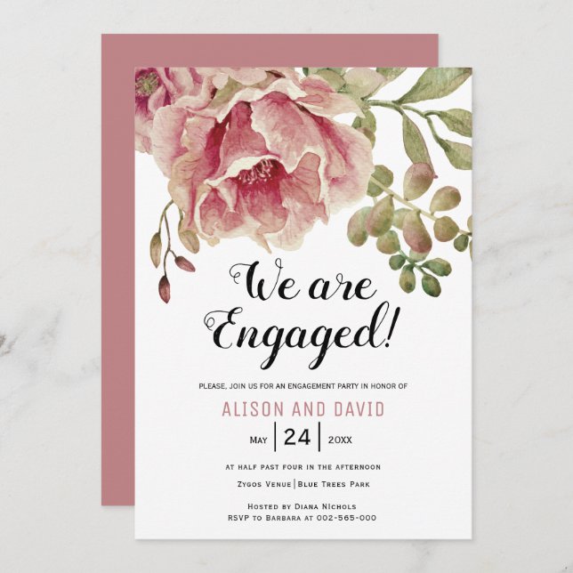 Dusty ro rosa blommigt bröllop förlovningsfest inbjudningar (Fram/baksida)
