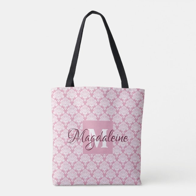 Dusty Ro Rosa Blommigt Chic Damask Monogram & Namn Tygkasse (Baksida)