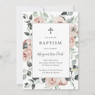 Dusty Ro Rosa Blommigt Greenery Girl Baptism Inbjudningar