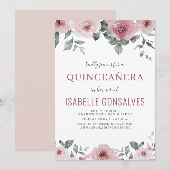 Dusty Ro Rosa Blommigt QUINCEAÑERA Firande  Inbjudningar (Fram/baksida)