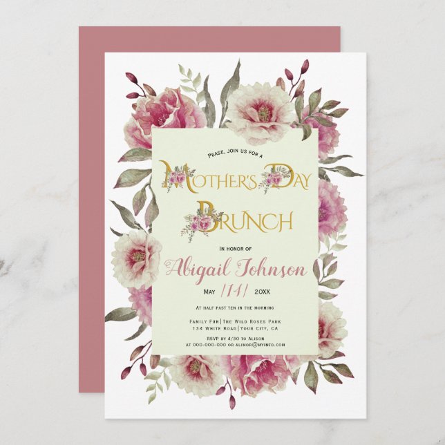 Dusty ro rosa blommor Mors dag brunch Inbjudningar (Fram/baksida)