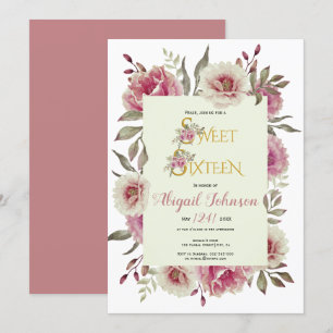 Dusty ro rosa blommor sweet sixteen inbjudningar